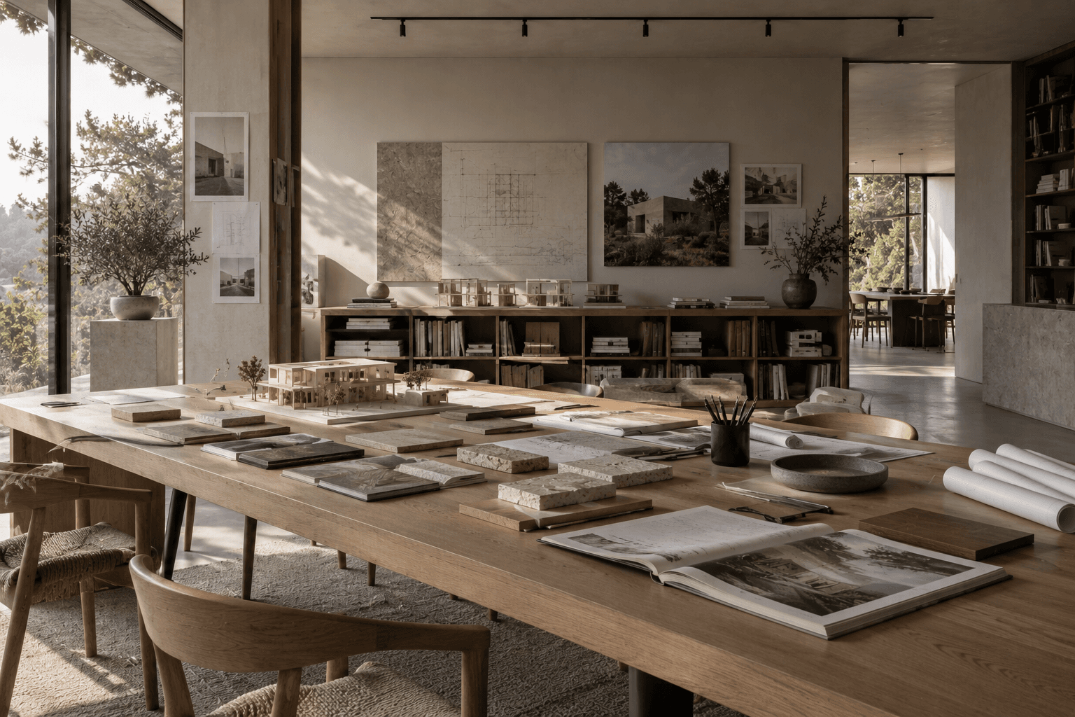 Minimalistyczne studio architektoniczne z próbkami materiałów i makietami